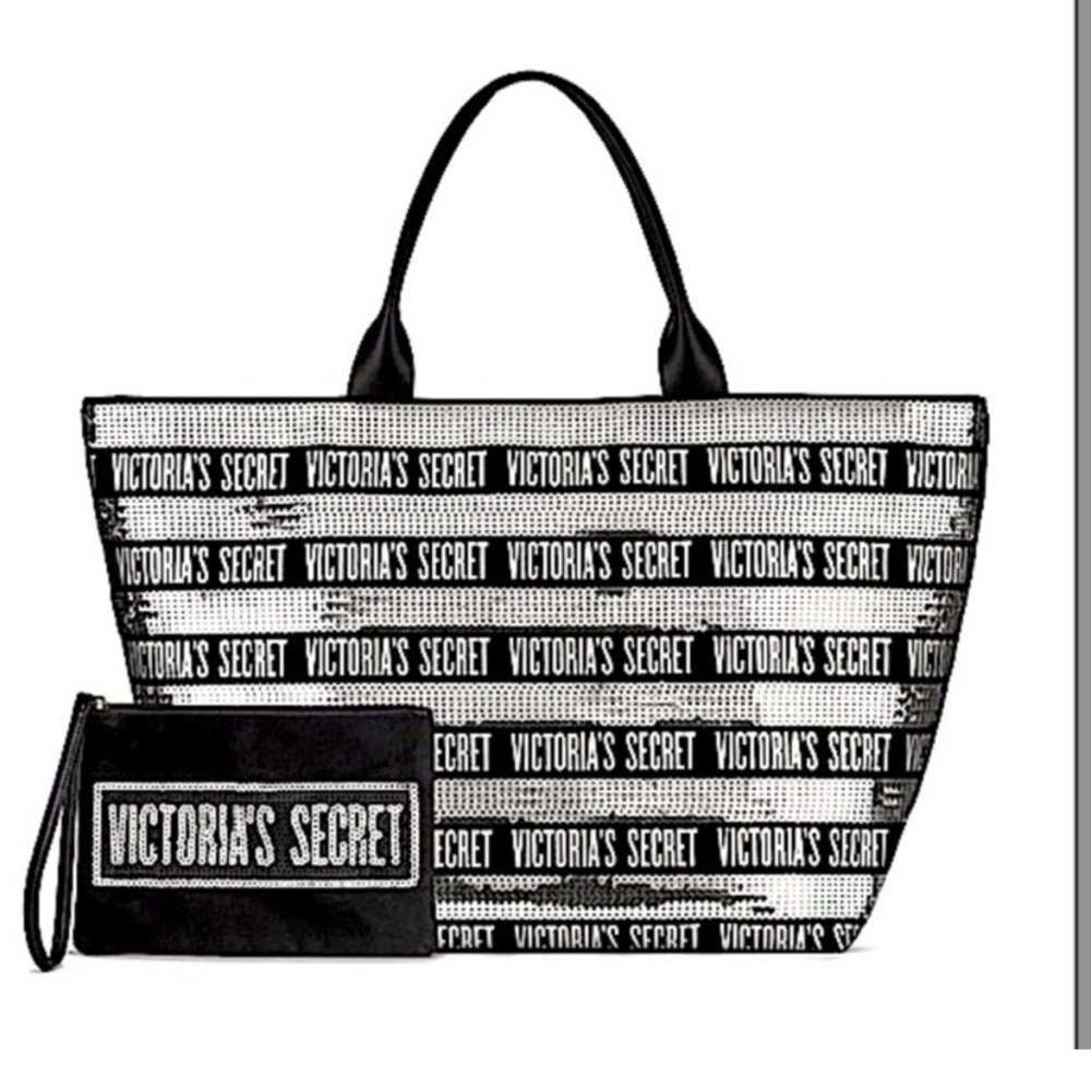 Victoria’s Secret VS Black & Silver Sequin Logo Tote Bag Large+Wristlet Set NWOT